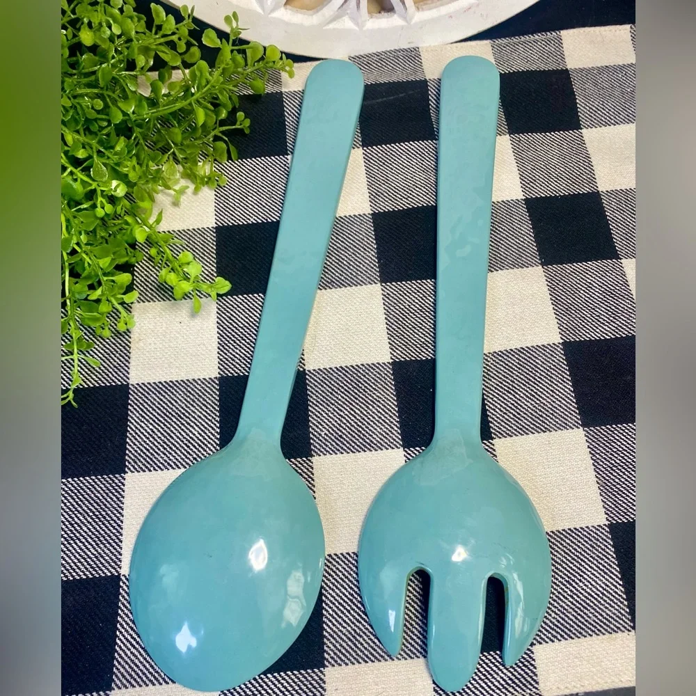 Beautiful pair of‎ teal melamine salad servers with gold rope-textured